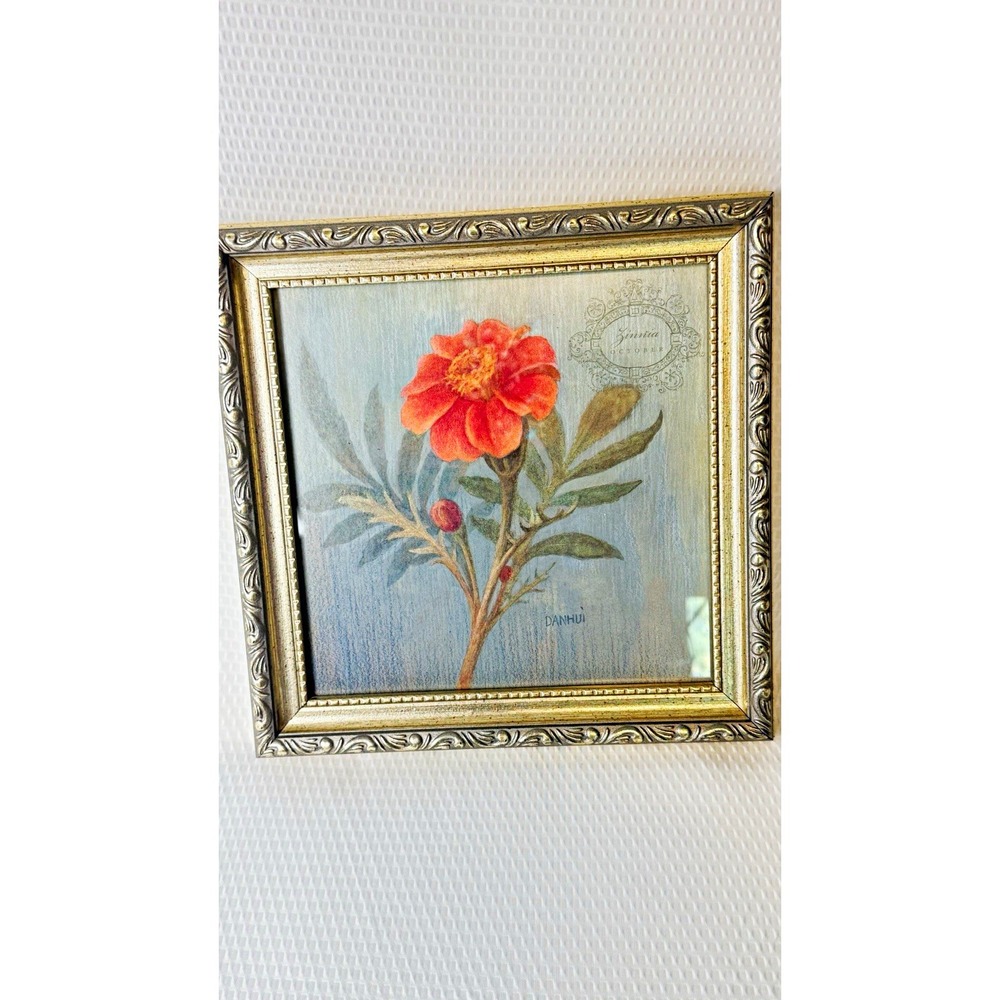 Classic Botanical DANHUI Signed Gold/Silver Decor Framed Red Zinnia Flower Print